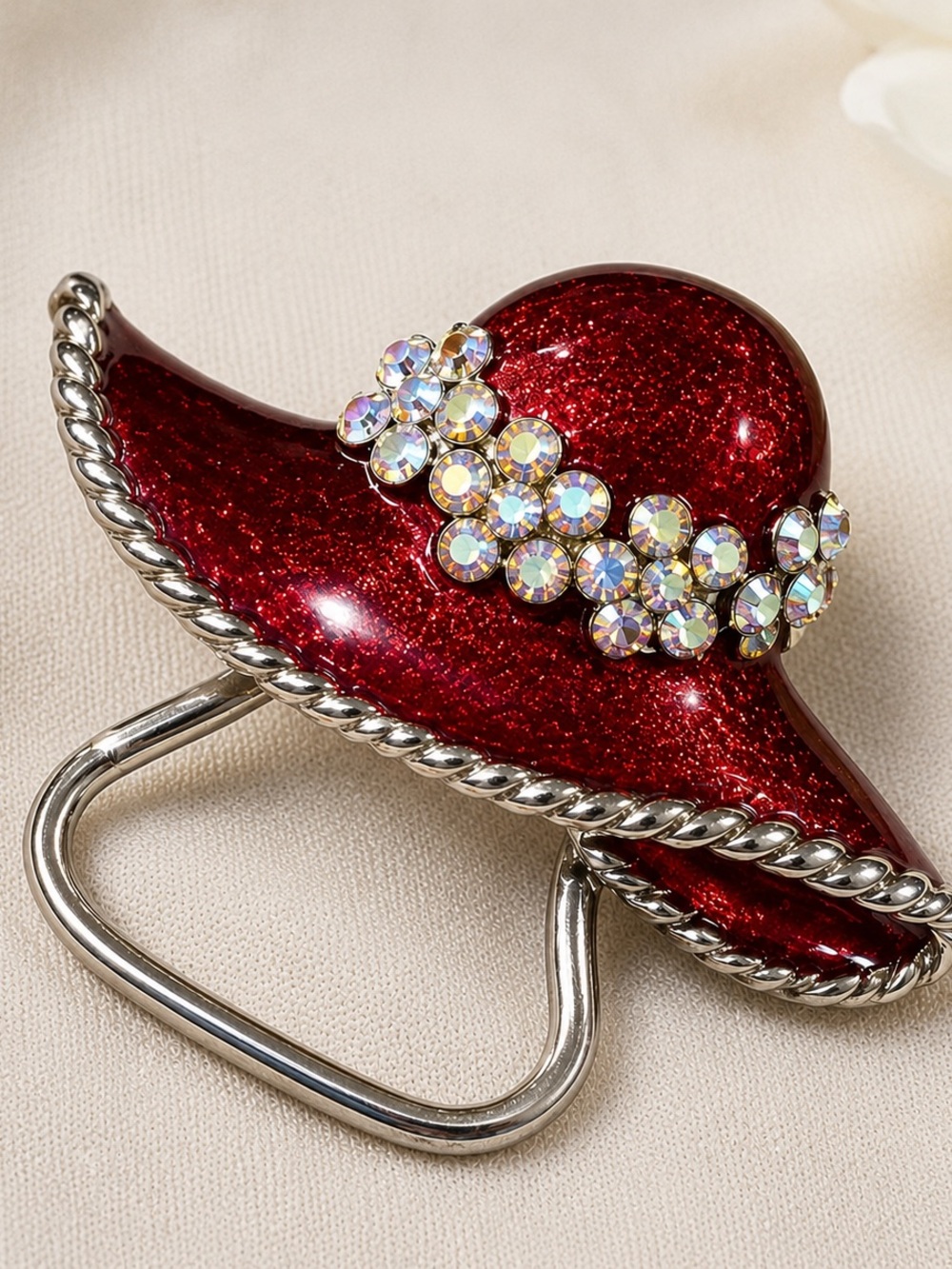 Vintage Lauren Spencer Red Hat Crystal Brooch Eyeglass Holder Pin